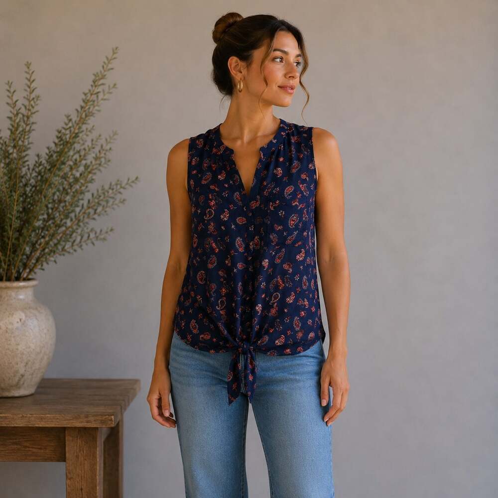 Lucky Brand Navy Paisley Tie Waist Top Medium